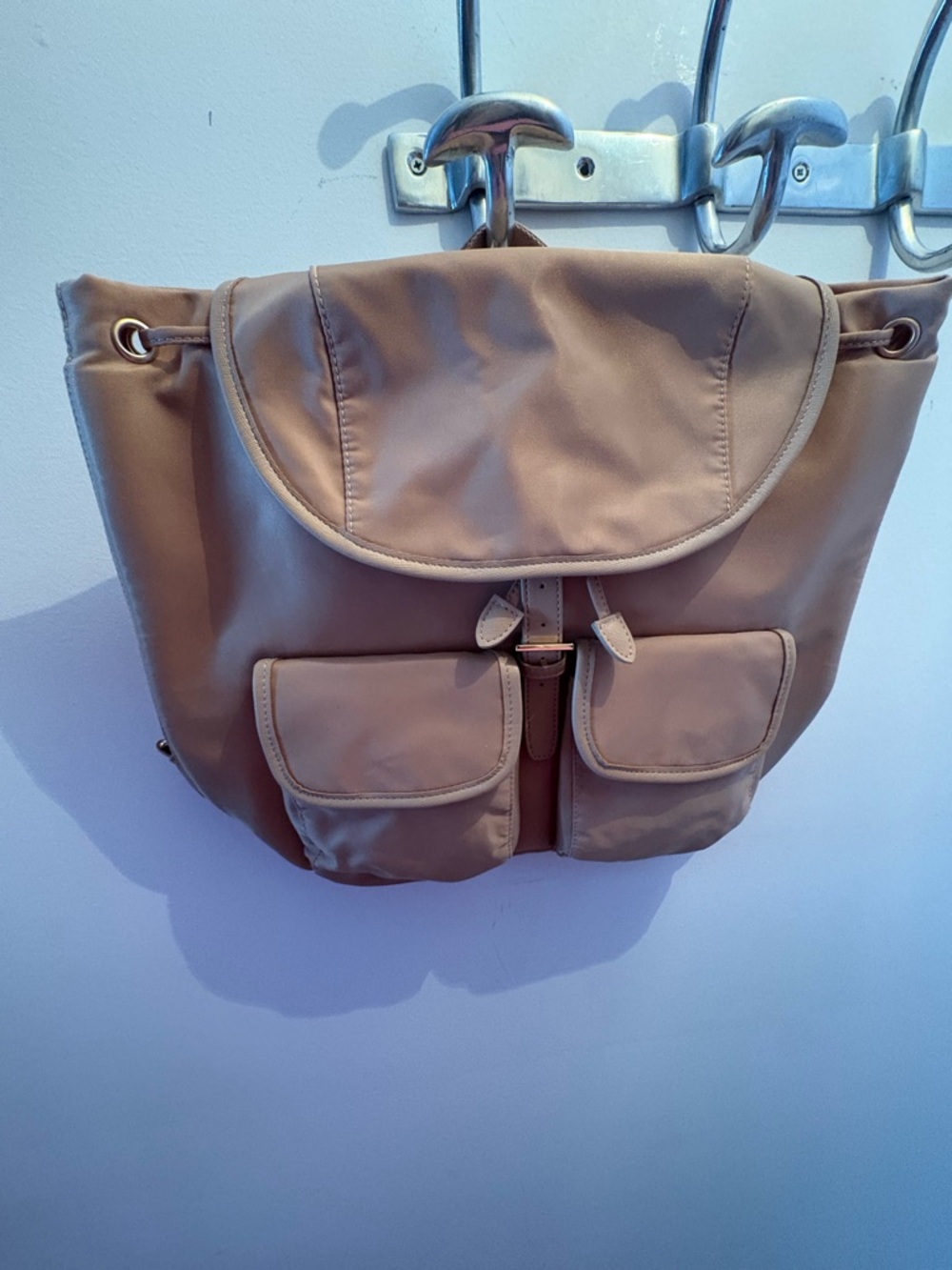 Beige Women's Leather Backpack with Front Pockets - Picture 4 of 6